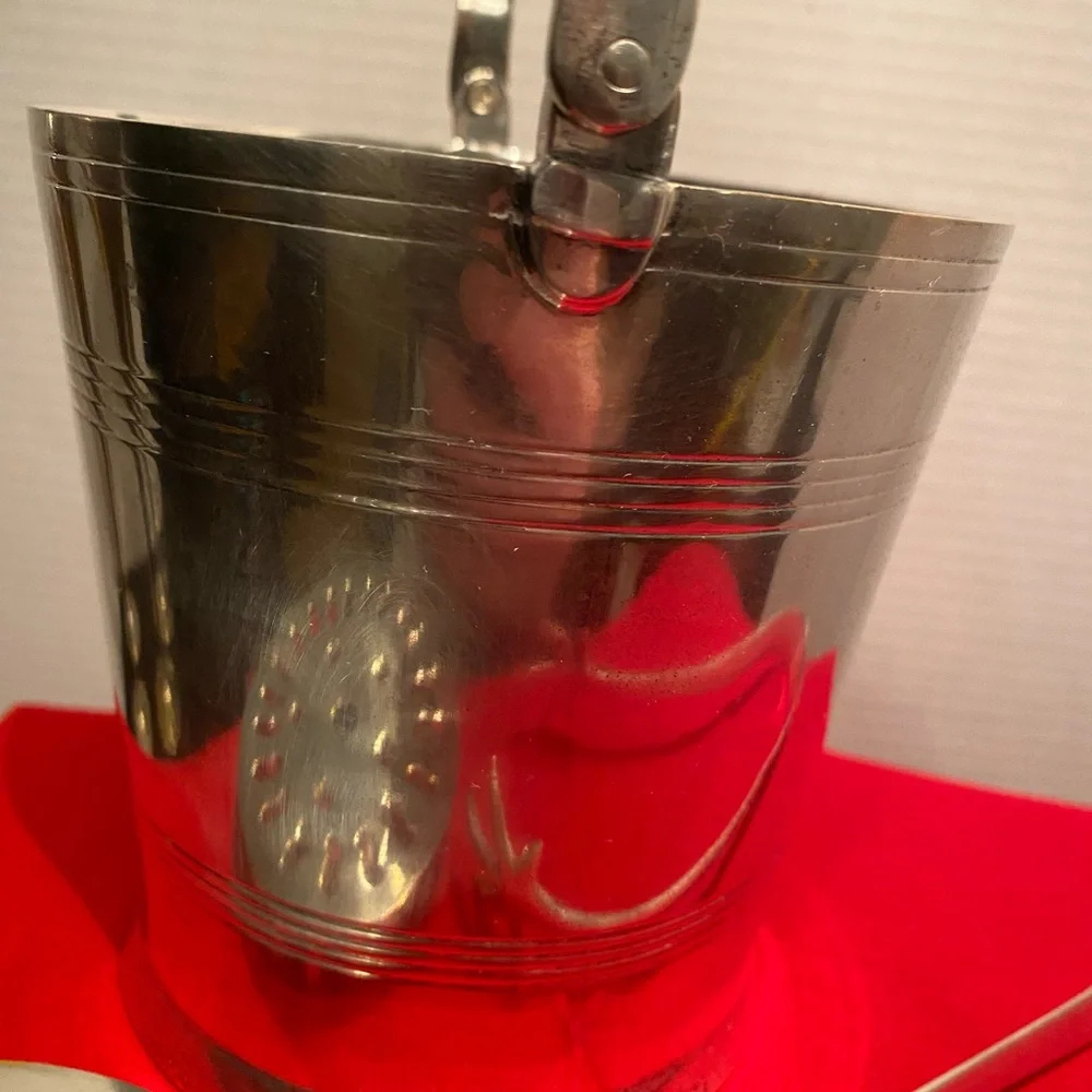 Vintage MCM Silver Plated Ice Bucket, Drainer and Claw Style Ice Tongs